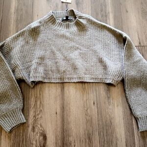 Petite Gray High Neck Balloon Sleeve Boyfriend Cropped Sweater, Size 6/8